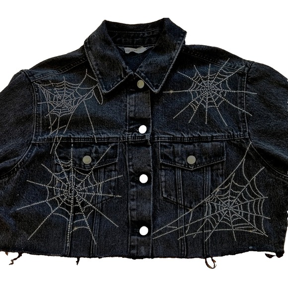 Zara Jackets & Blazers - Zara Black Rhinestone Spiderweb Cropped Denim Jacket Goth Alt Y2K Medium